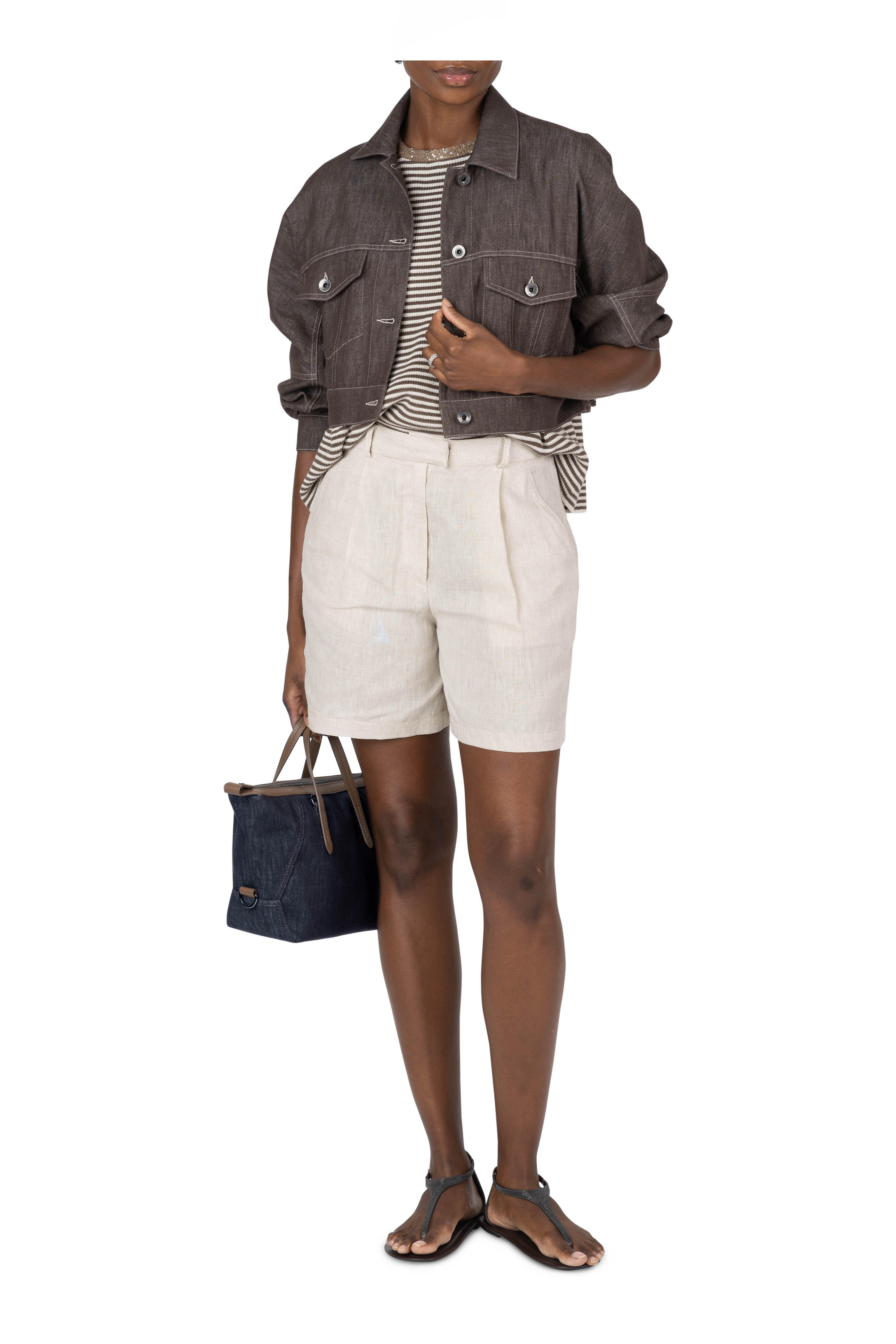 Brunello Cucinelli - Brown Stripe Cotton Embellished Collar