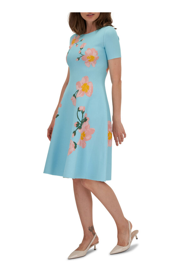 Carolina Herrera - Aqua Floral Boat Neck Flare Dress 