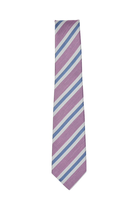 Kiton - Lavender & Blue Stirped Silk & Linen Necktie 