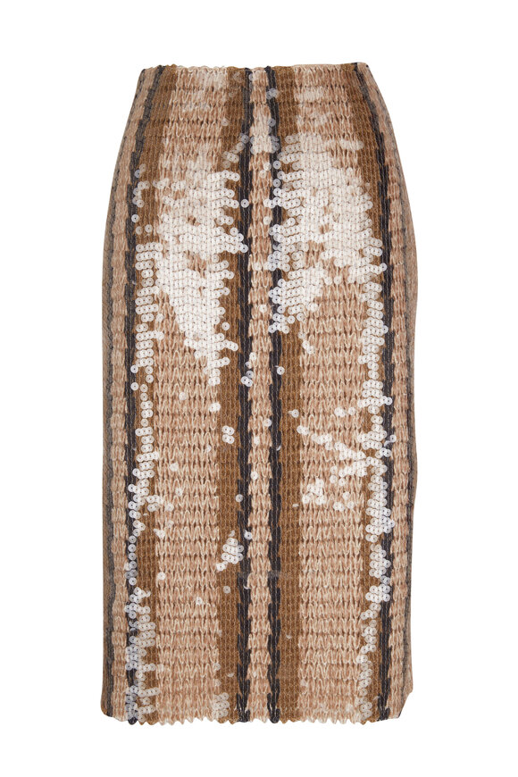 Brunello Cucinelli - Walnut Striped Paillette Embroidered Midi Skirt