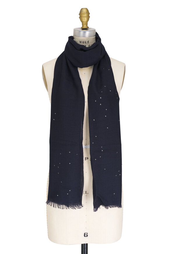 Akris Navy Cashmere & Silk Scarf With Swarovski Stars