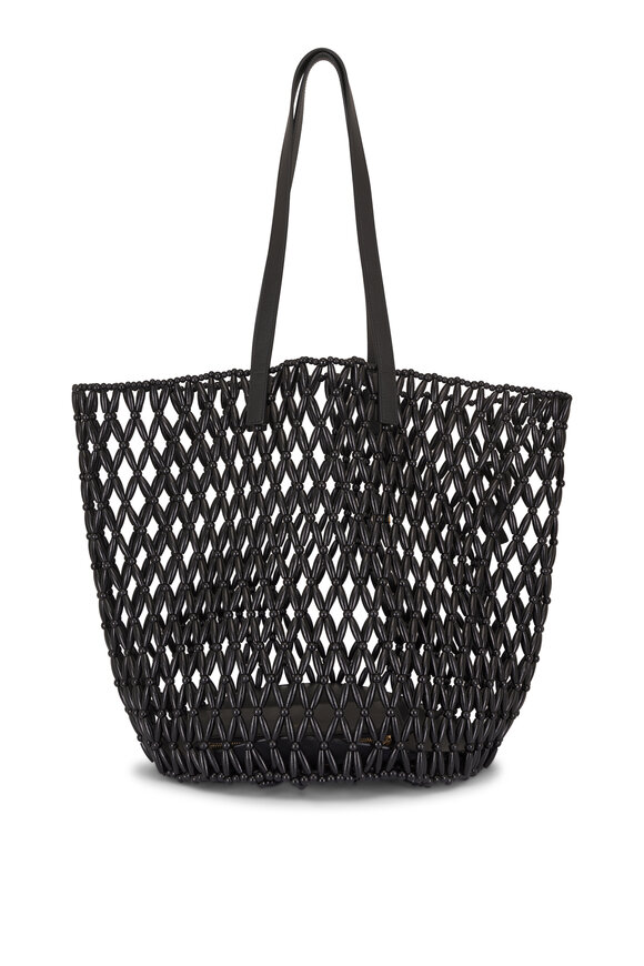 Saint Laurent Medium Panier Woven Wood Bead Black Tote - view 2