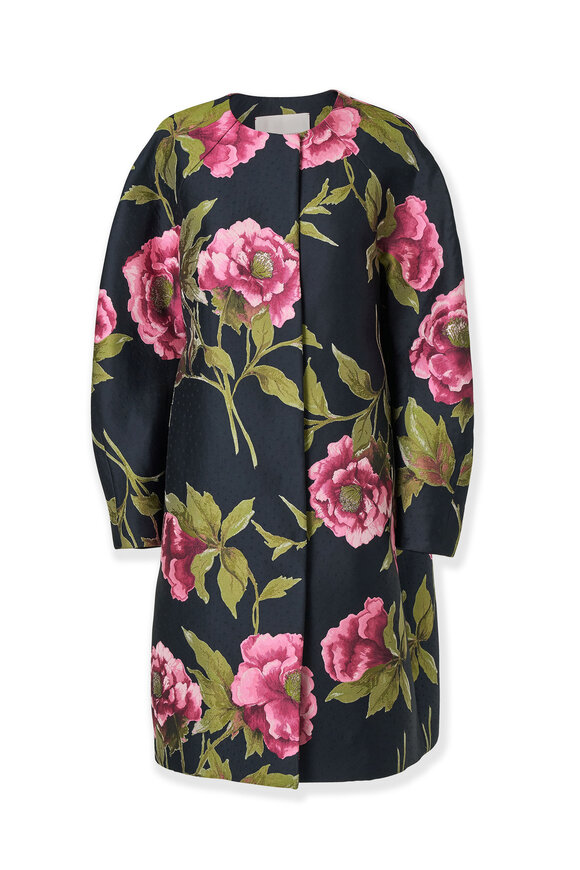 Carolina Herrera Peony Print Multicolor Jacquard Cocoon Coat - view 6