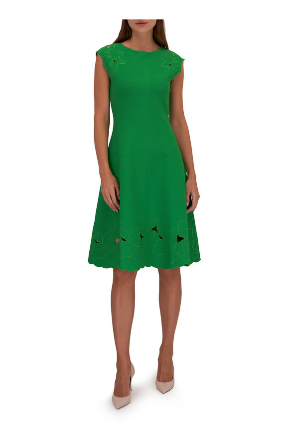Carolina Herrera - Grass Green Boat Neck Knit Flare Dress