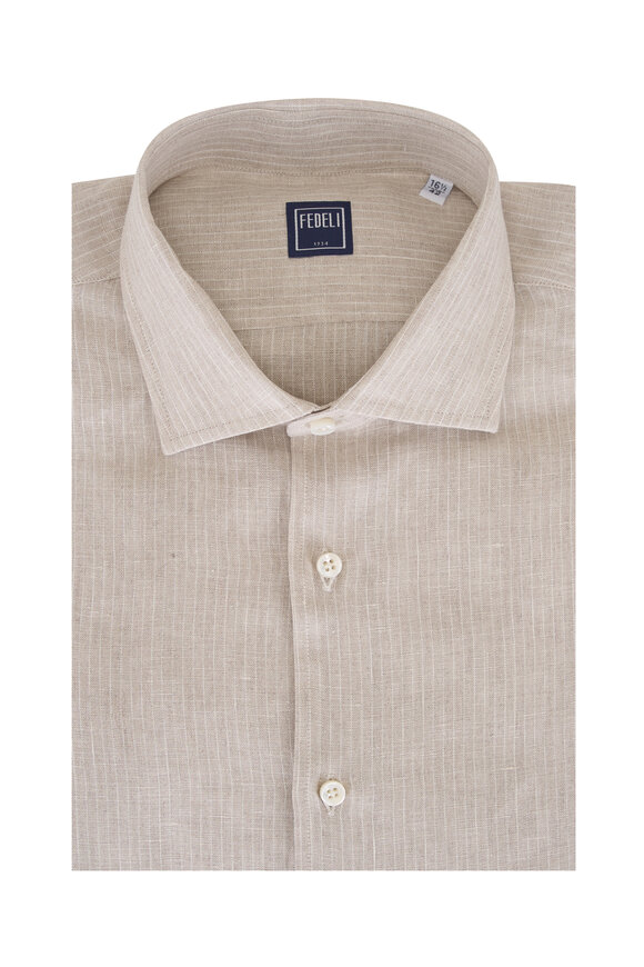 Fedeli Tan Stripe Linen Dress Shirt