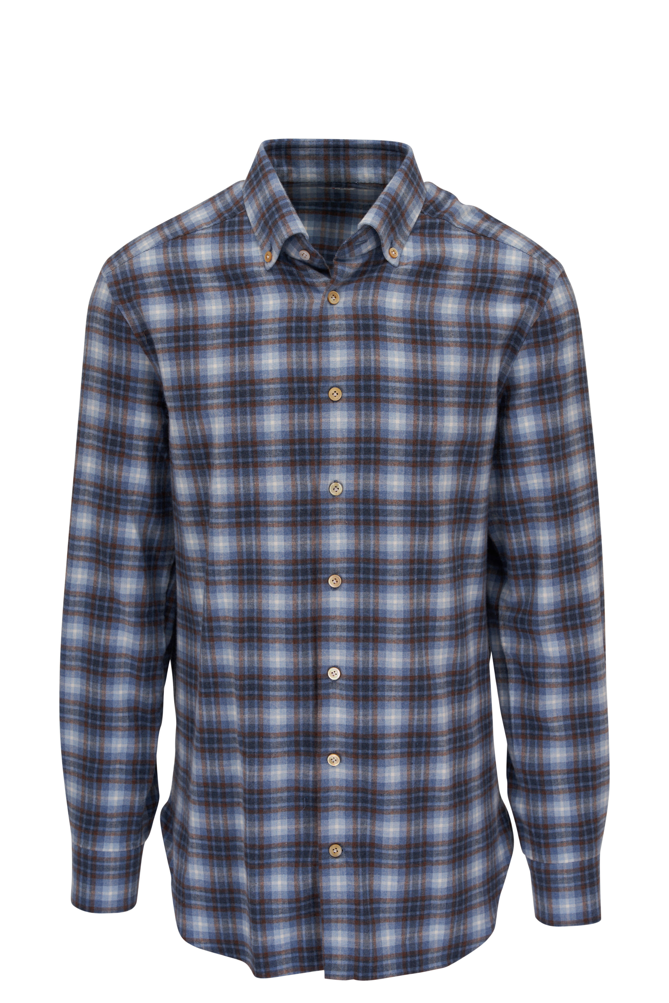 Kiton - Light Blue & Vicuna Check Cotton Dress Shirt