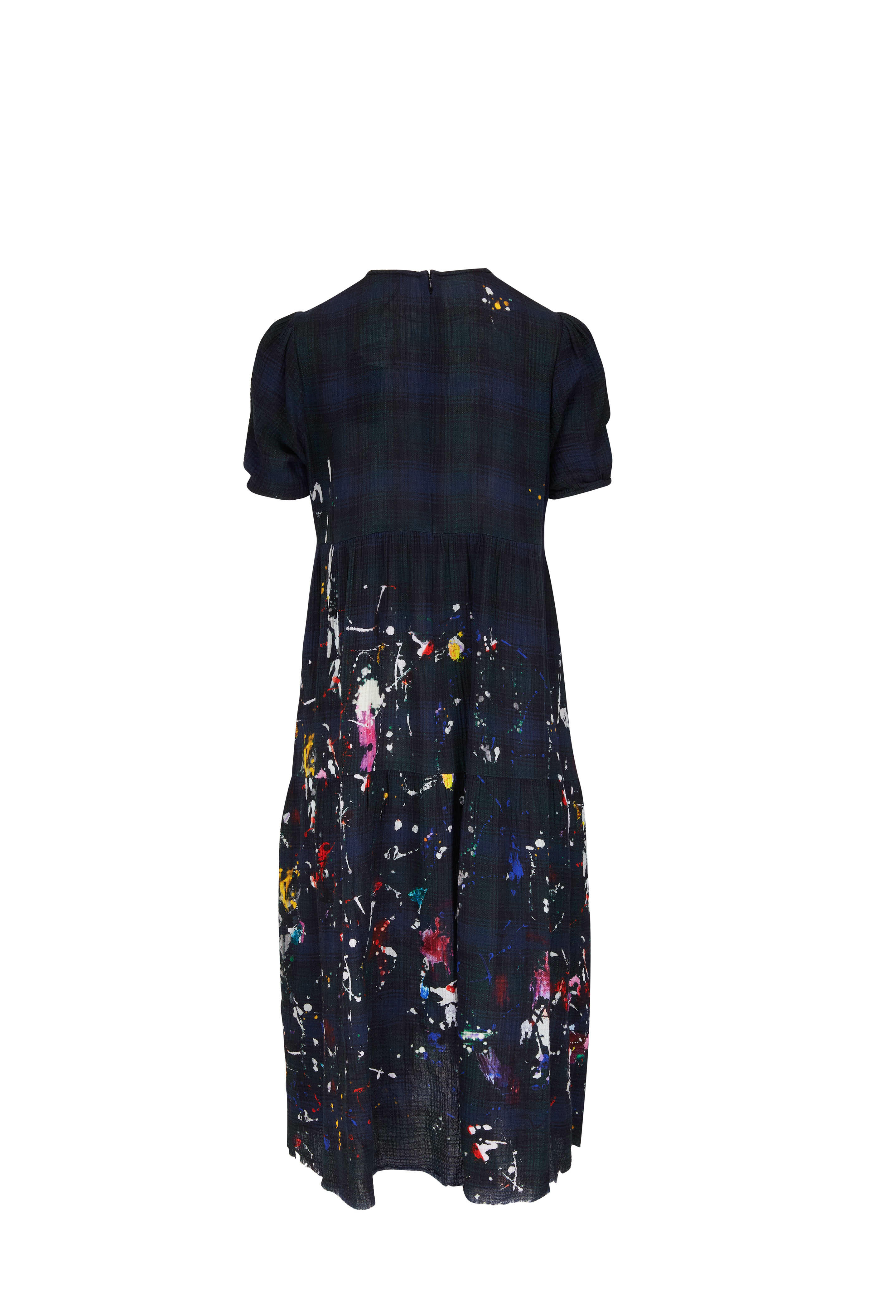 R13 - Navy Plaid Paint Splatter Midi Dress