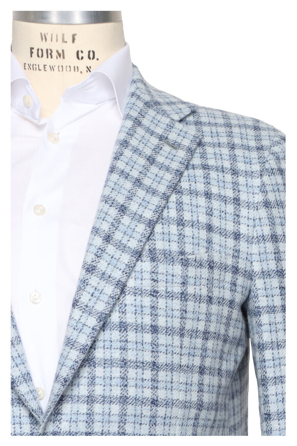 Kiton Blue & Light Blue Plaid Cashmere Sportcoat