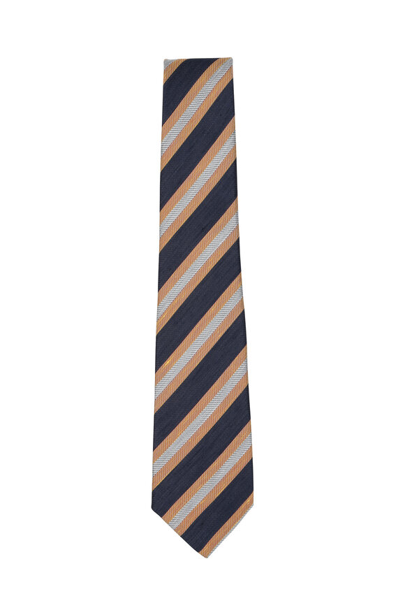 Kiton - Navy Blue & Orange Striped Silk & Linen Necktie 