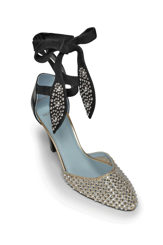 Valentino Garavani - Rockstud Gold Leather & Crochet Pump, 65mm