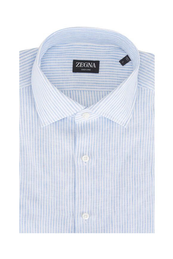 Zegna Oasi Lino White & Light Blue Stripe Sport Shirt