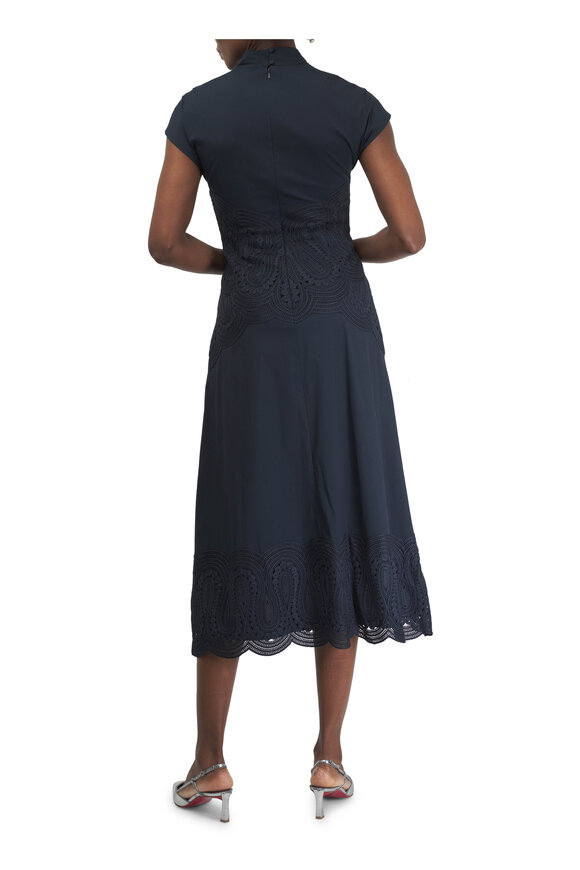 Lela Rose - V-Neck Navy Blue Lace Midi Dress