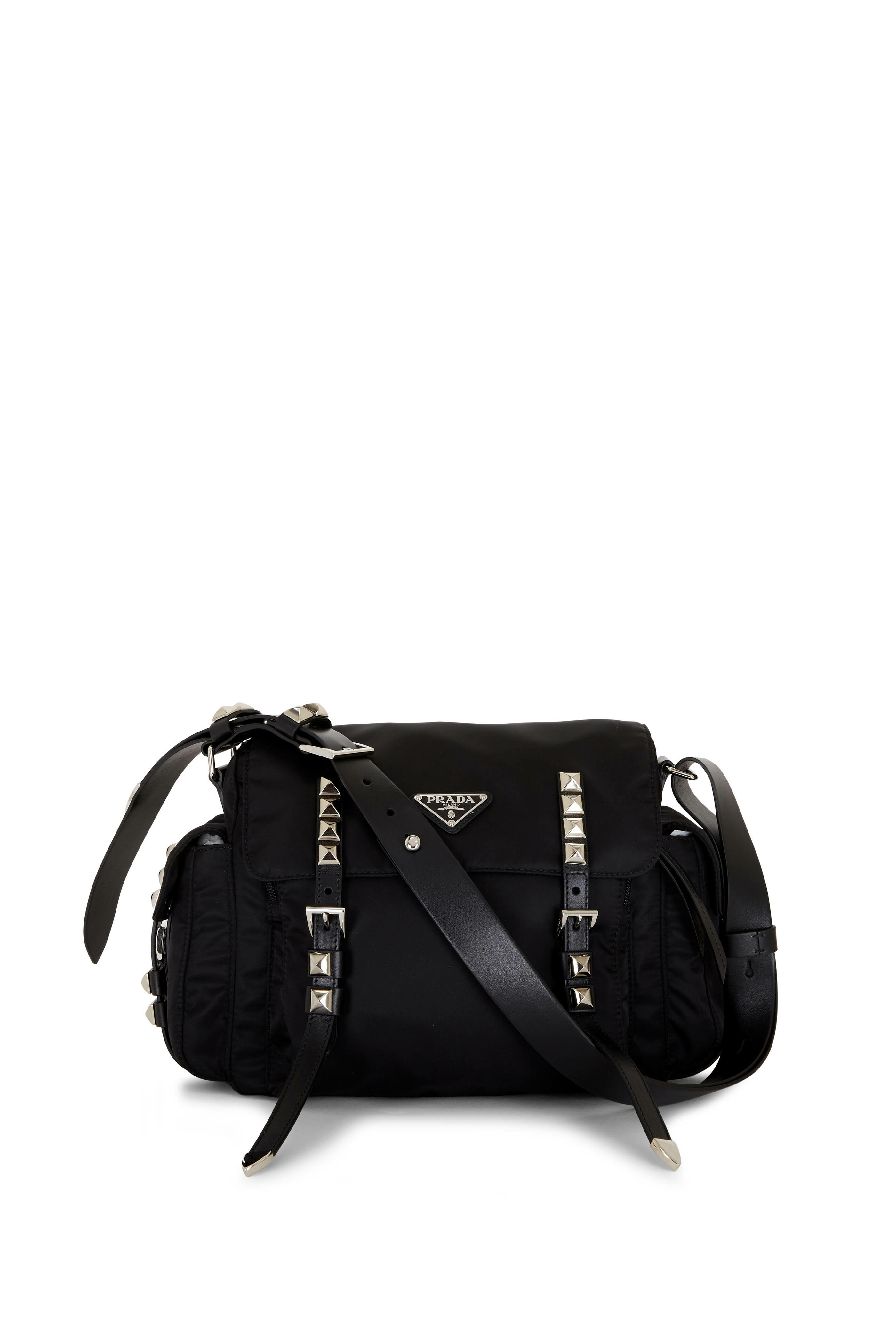 Prada - Black Nylon Stud-Embellished Shoulder Bag