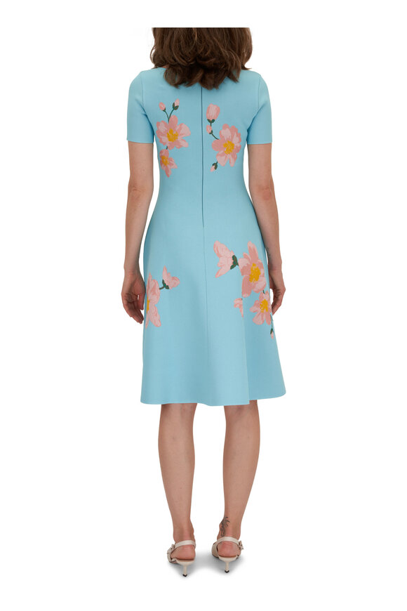 Carolina Herrera - Aqua Floral Boat Neck Flare Dress 