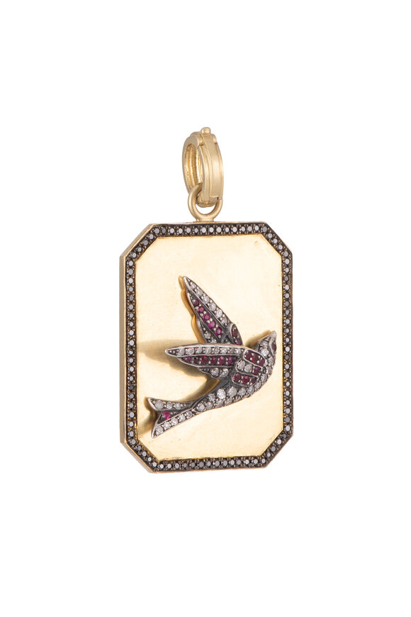 Sylva & Cie 18k Yellow Gold Diamond & Ruby Bird Pendant - view 1