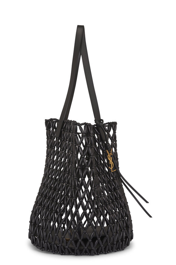 Saint Laurent Medium Panier Woven Wood Bead Black Tote - view 3