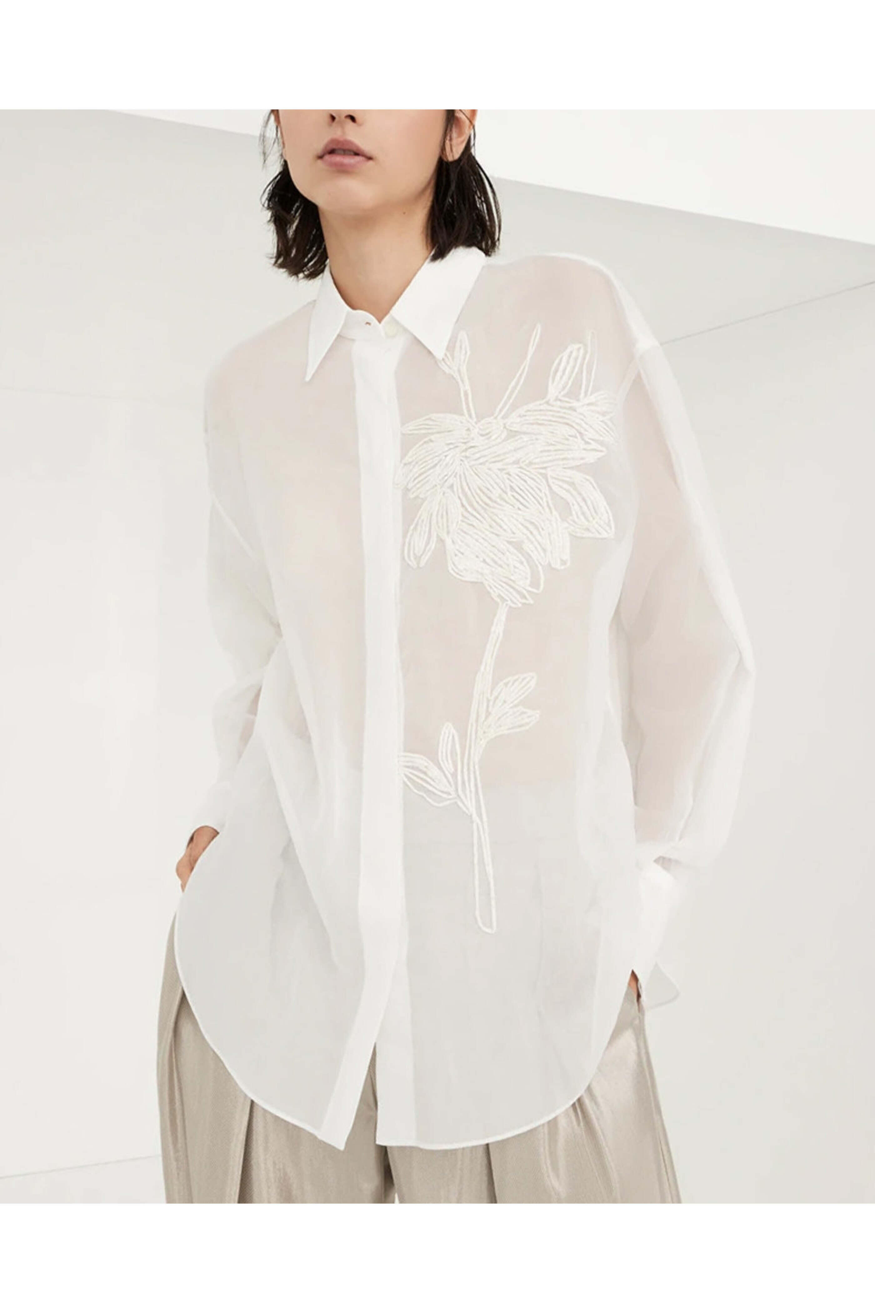 Brunello Cucinelli - White Embroidered Raffia Magnolia Silk Blouse