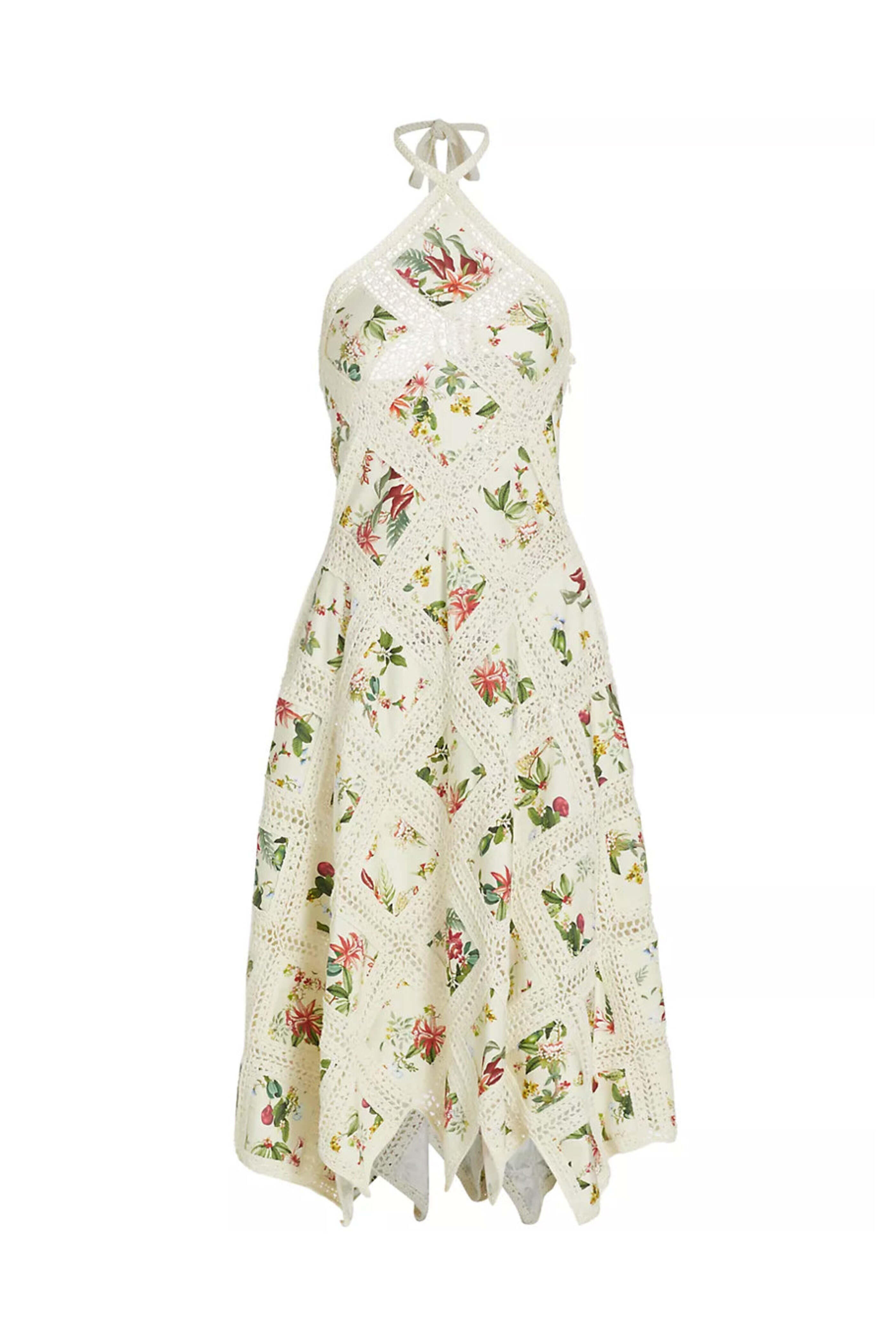 Oscar de la Renta - Ecru Floral and Fauna Knit Halter Neck Dress