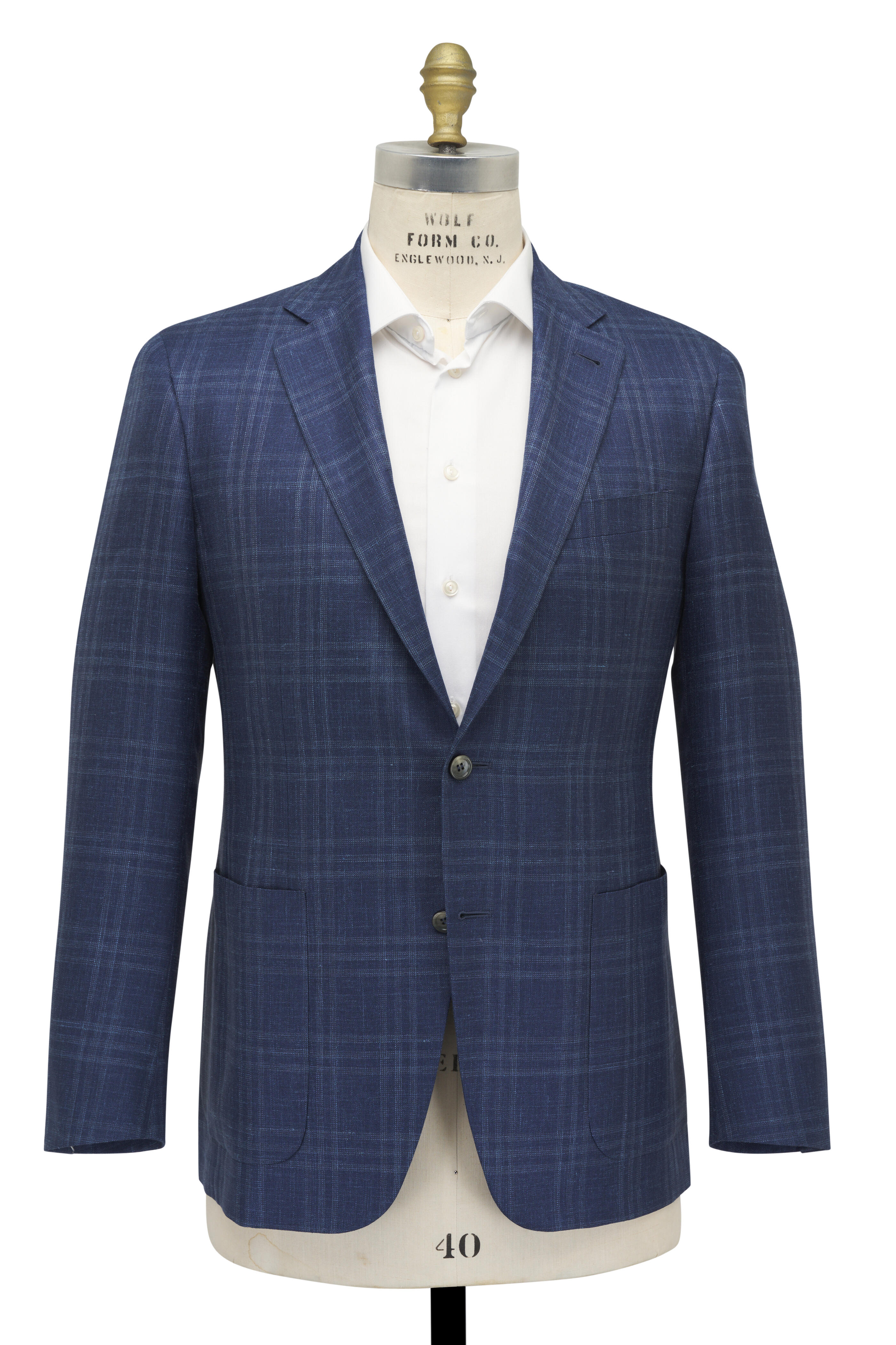 Canali - Dark Blue Plaid Wool, Silk & Linen Sportcoat