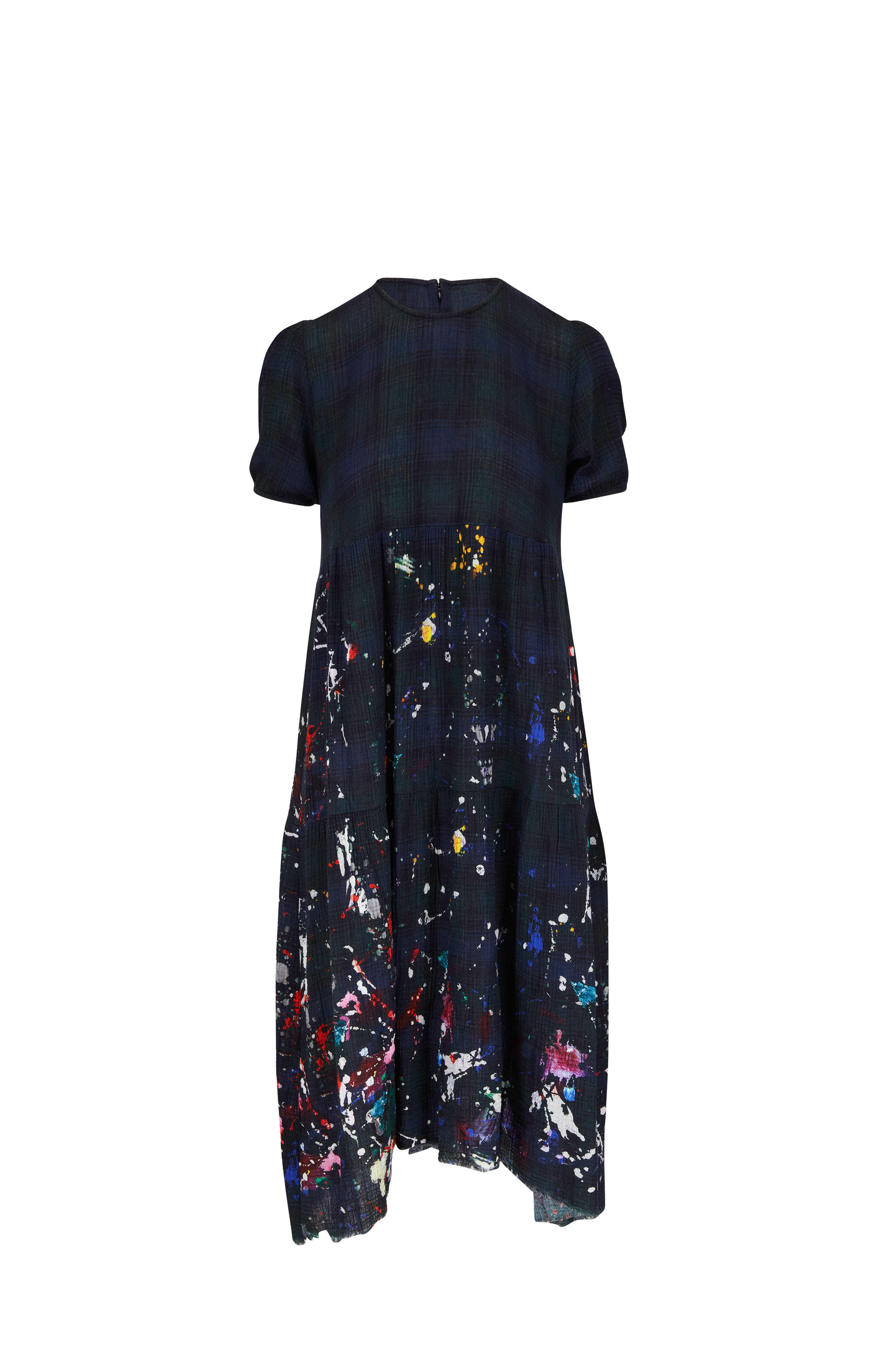 R13 - Navy Plaid Paint Splatter Midi Dress