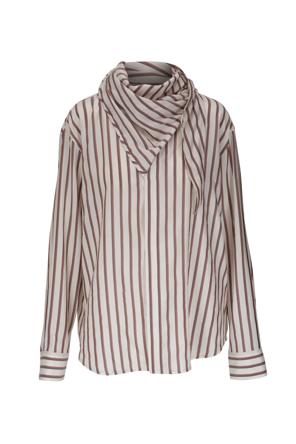 Bottega Veneta - White & Brown Chestnut Silk Bi-Color Striped Shirt