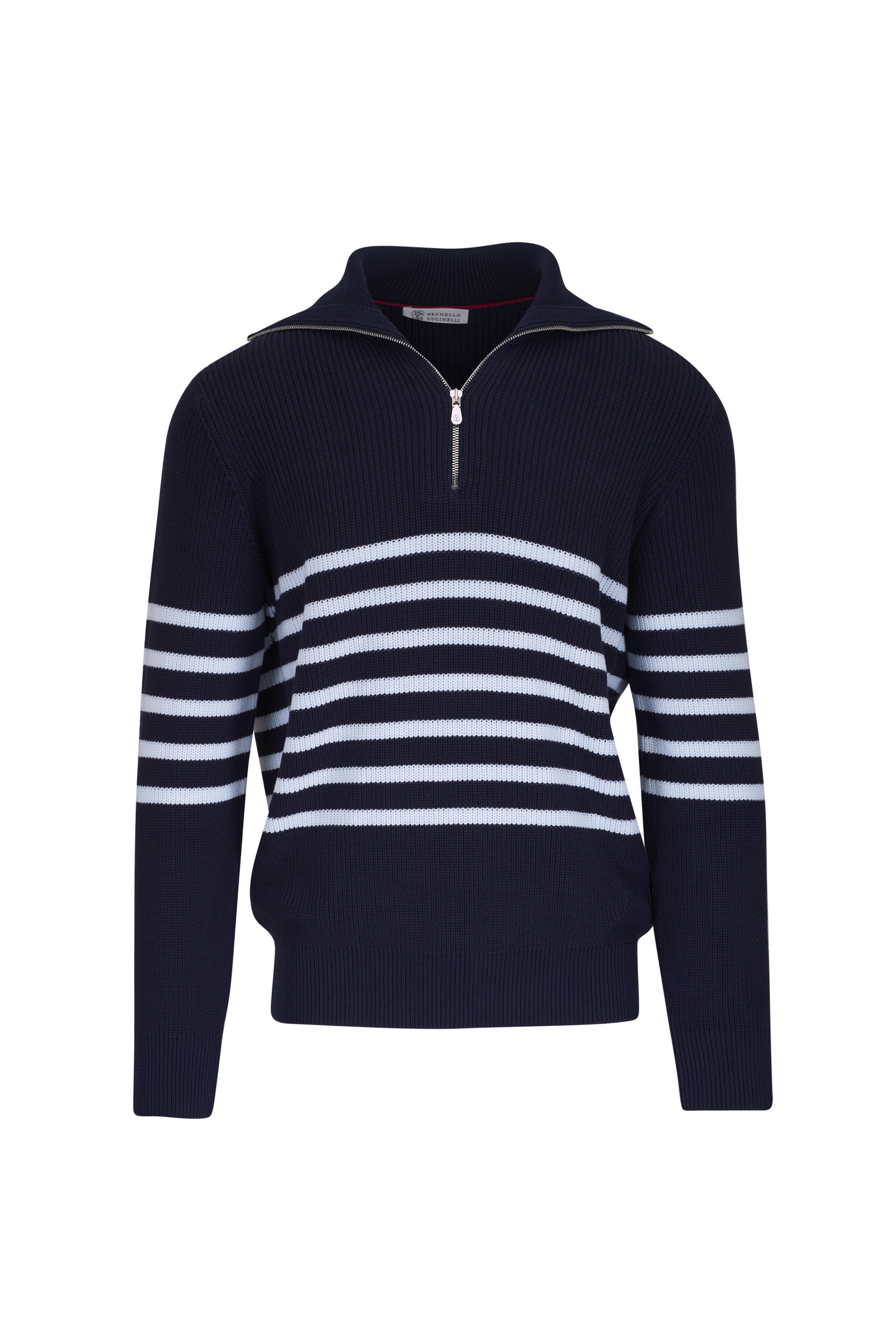 Brunello Cucinelli - Navy Stripe Quarter Zip Ribbed Pullover