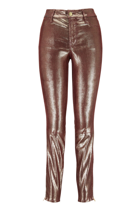 J Brand - Burgundy Foiled Leather Mid-Rise Skinny Jean