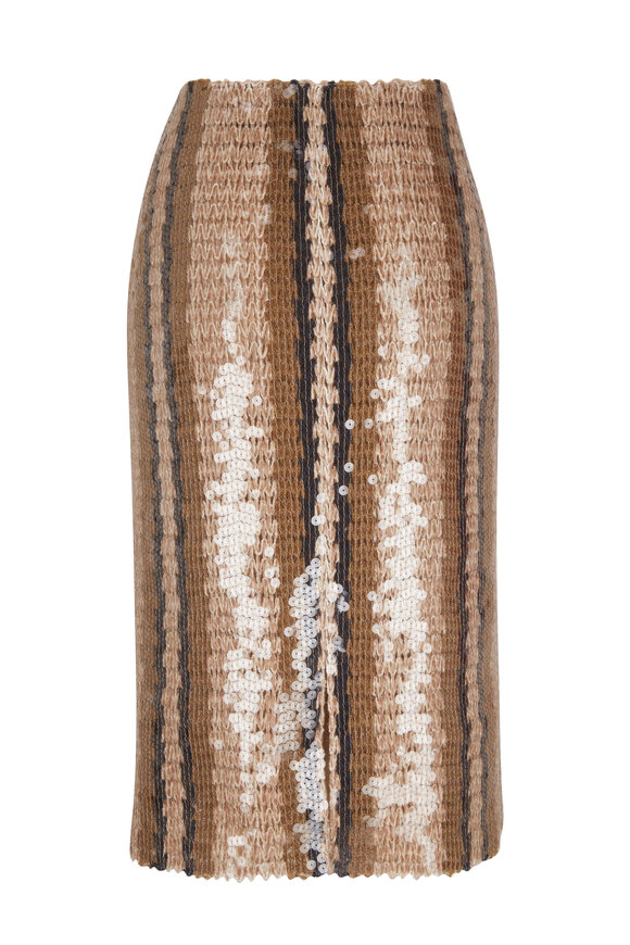 Brunello Cucinelli - Walnut Striped Paillette Embroidered Midi Skirt