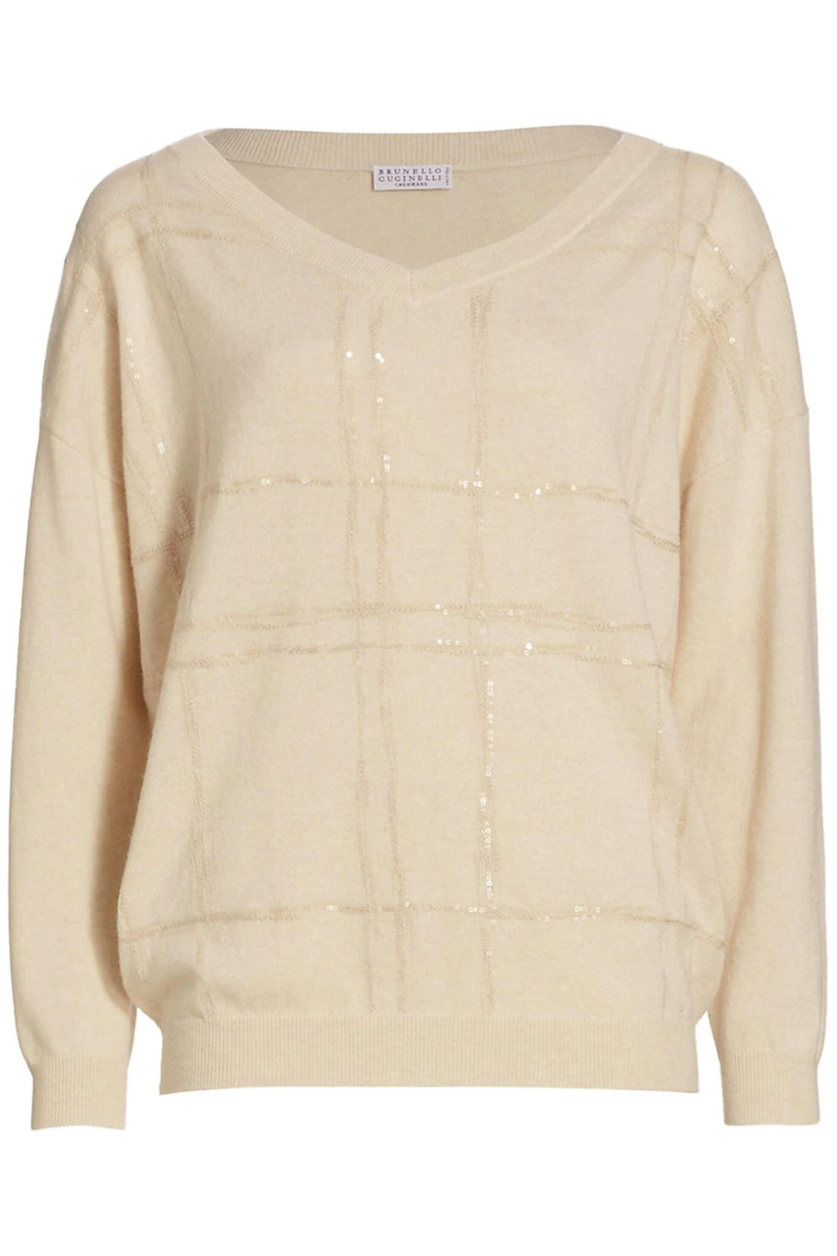 Brunello Cucinelli - Ivory Cashmere Check V Neck Sweater