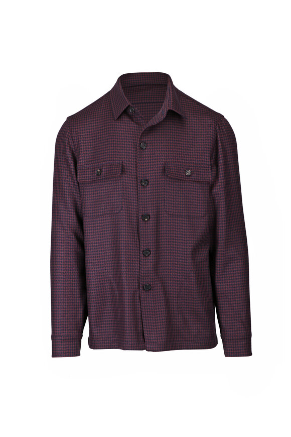 Cesare Attolini Burgundy & Navy Blue Mini Houndstooth Overshirt - view 1