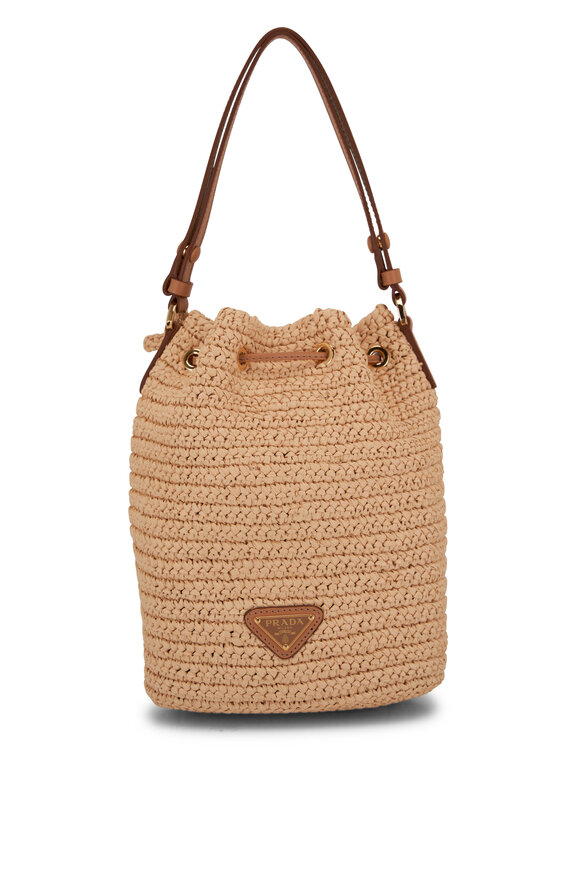 Prada - Natural Raffia Crochet & Brown Leather Bucket Bag