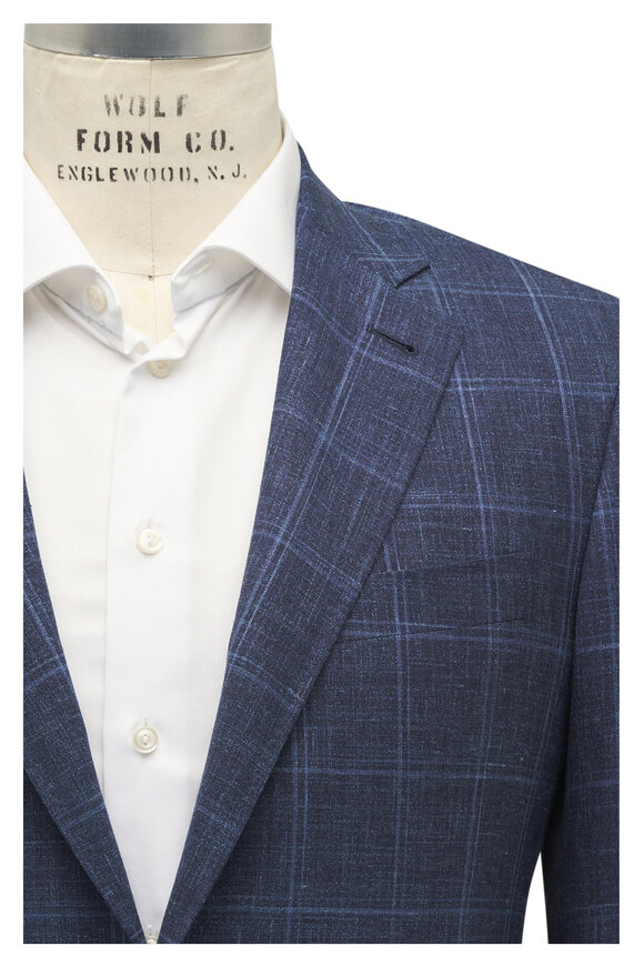 Canali Kei Navy Blue Windowpane Plaid Sportcoat