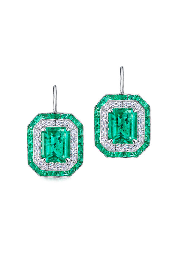 Kwiat Platinum Colombian Emerald Double Halo Earring - view 1