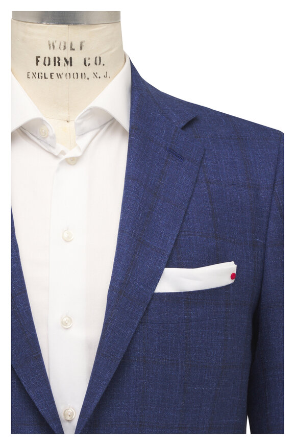 Kiton Navy Wool, Silk, & Cotton Windowpane Sportcoat