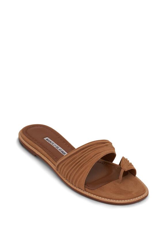 Manolo Blahnik Tibo Medium Brown Gathered Leather Sandal 