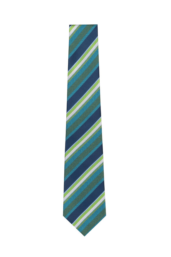 Kiton Blue & Green Stripe Silk Necktie - view 1
