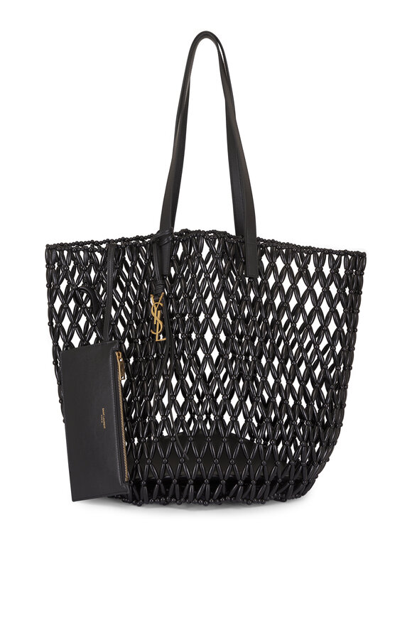 Saint Laurent Medium Panier Woven Wood Bead Black Tote - view 4