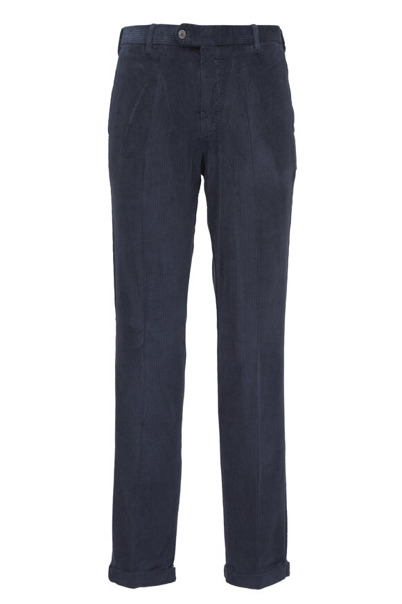 Fedeli Navy Blue Flat Front Corduroy Pant