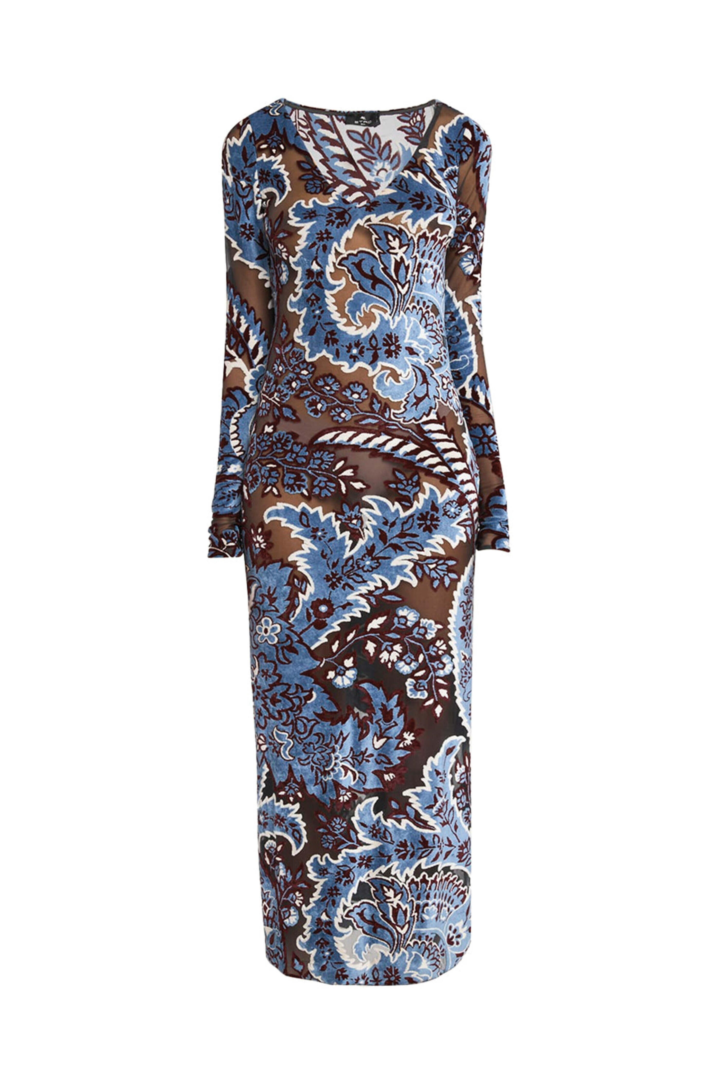 Etro - Grey Velvet Paisley Long Sleeve Midi Dress