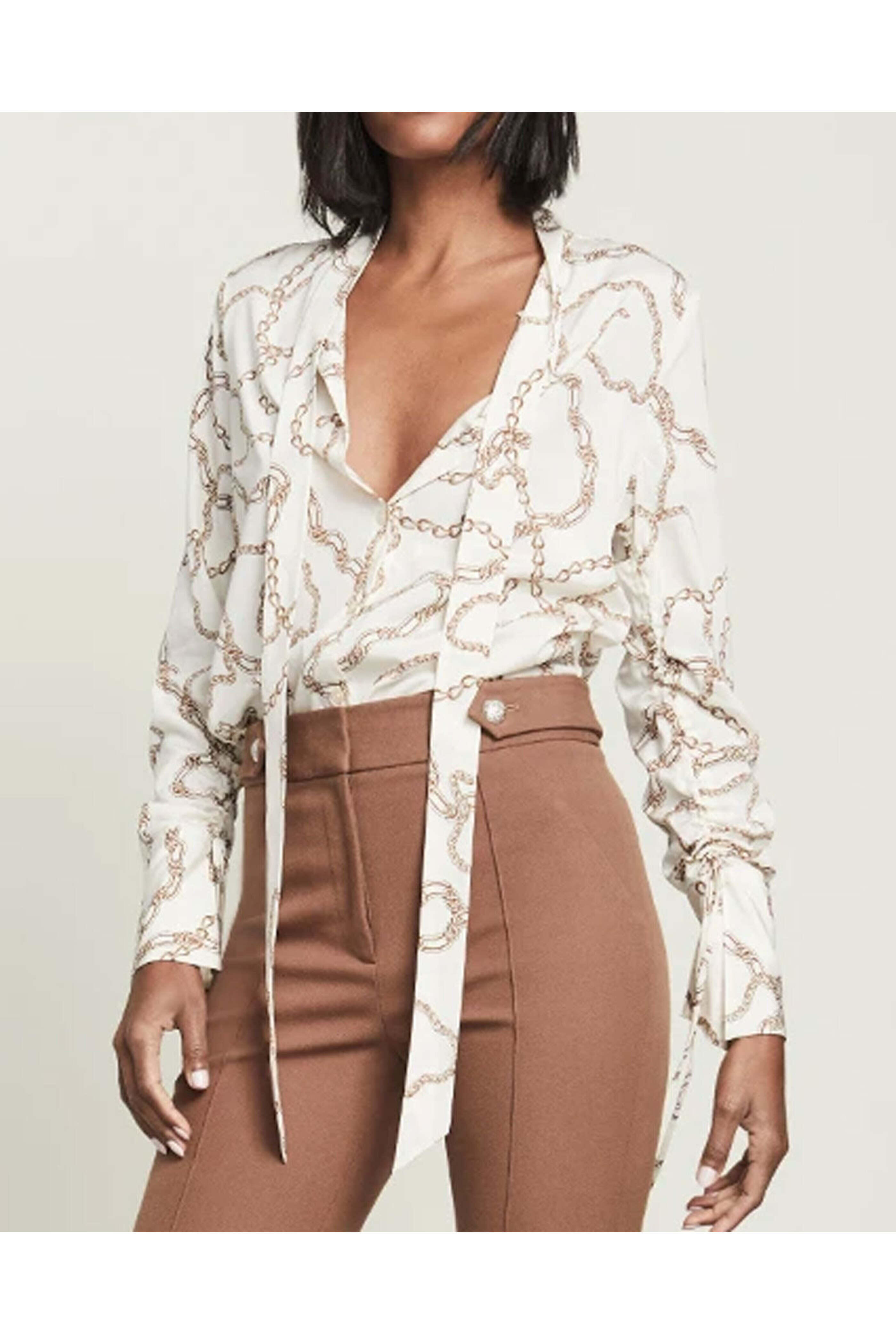 Veronica Beard - Ecru Chain Print Tie Neck Remi Blouse