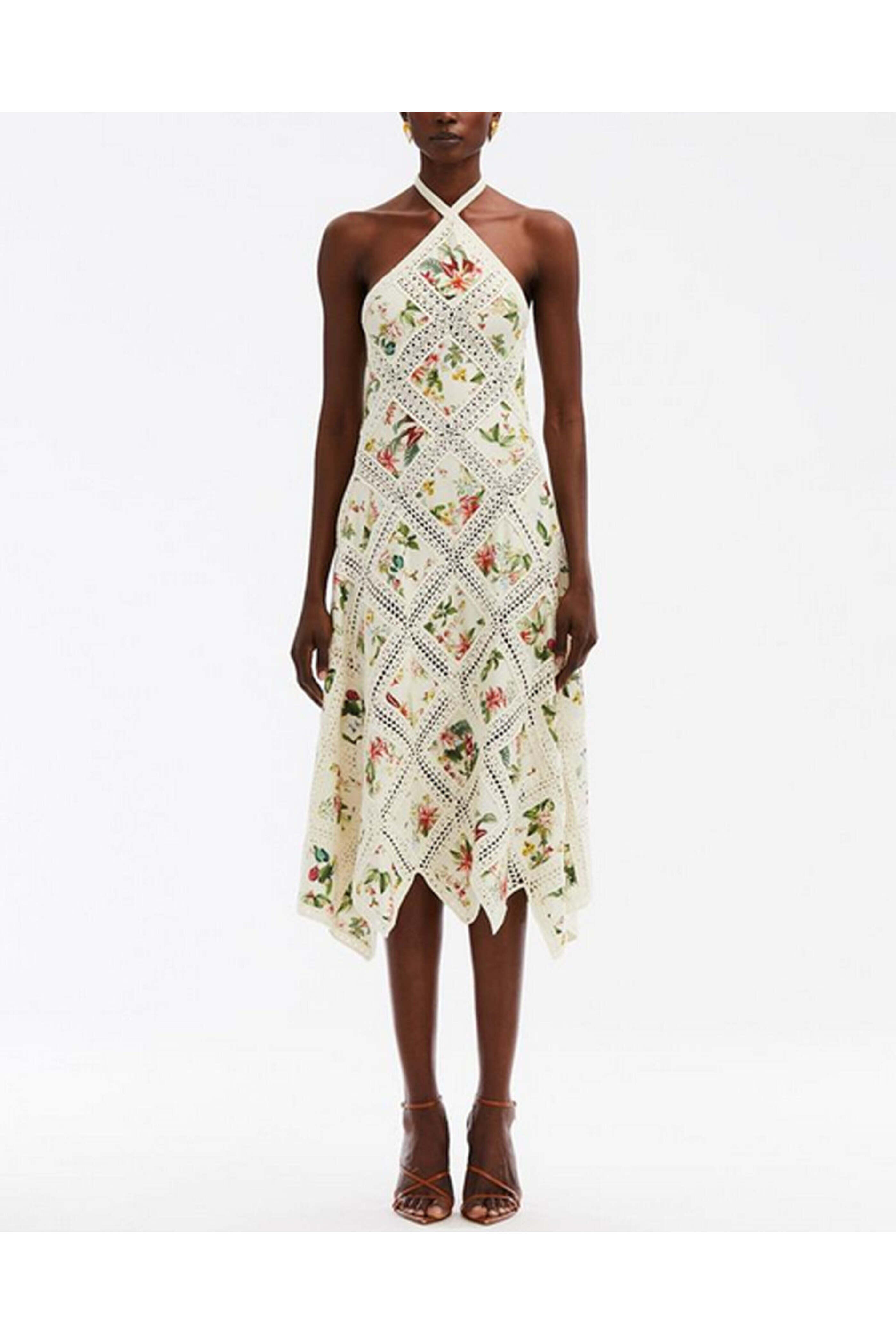 Oscar de la Renta - Ecru Floral and Fauna Knit Halter Neck Dress