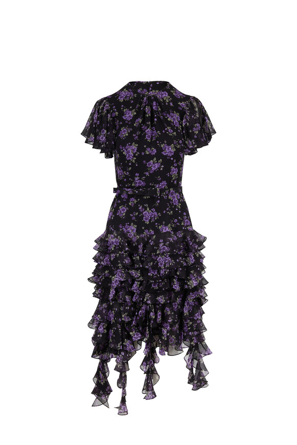 Michael Kors Collection - Black Dahlia Floral Short Flutter Sleeve Dress
