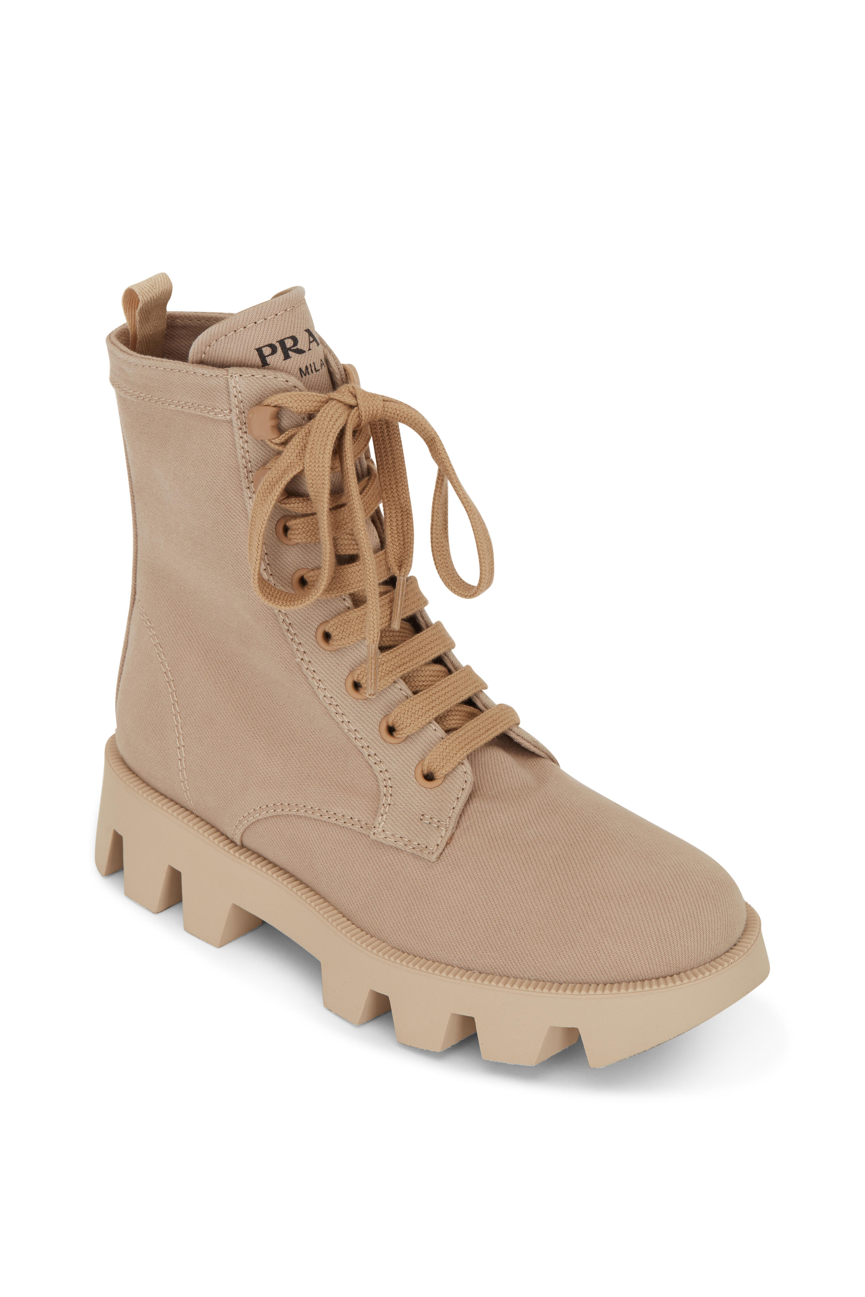 Prada - Natural Denim Lace-Up Combat Boot | Mitchell Stores