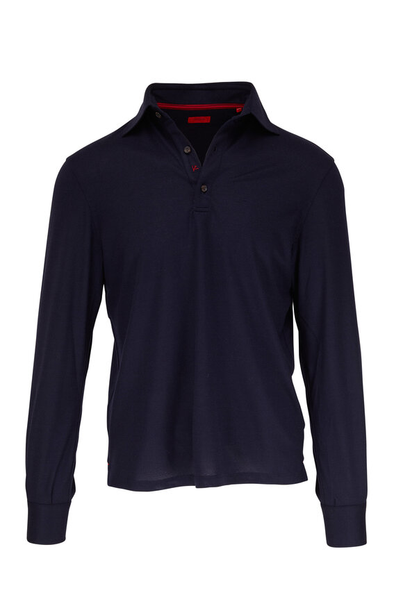 Isaia - Evening Solid Navy Wool Long Sleeve Polo