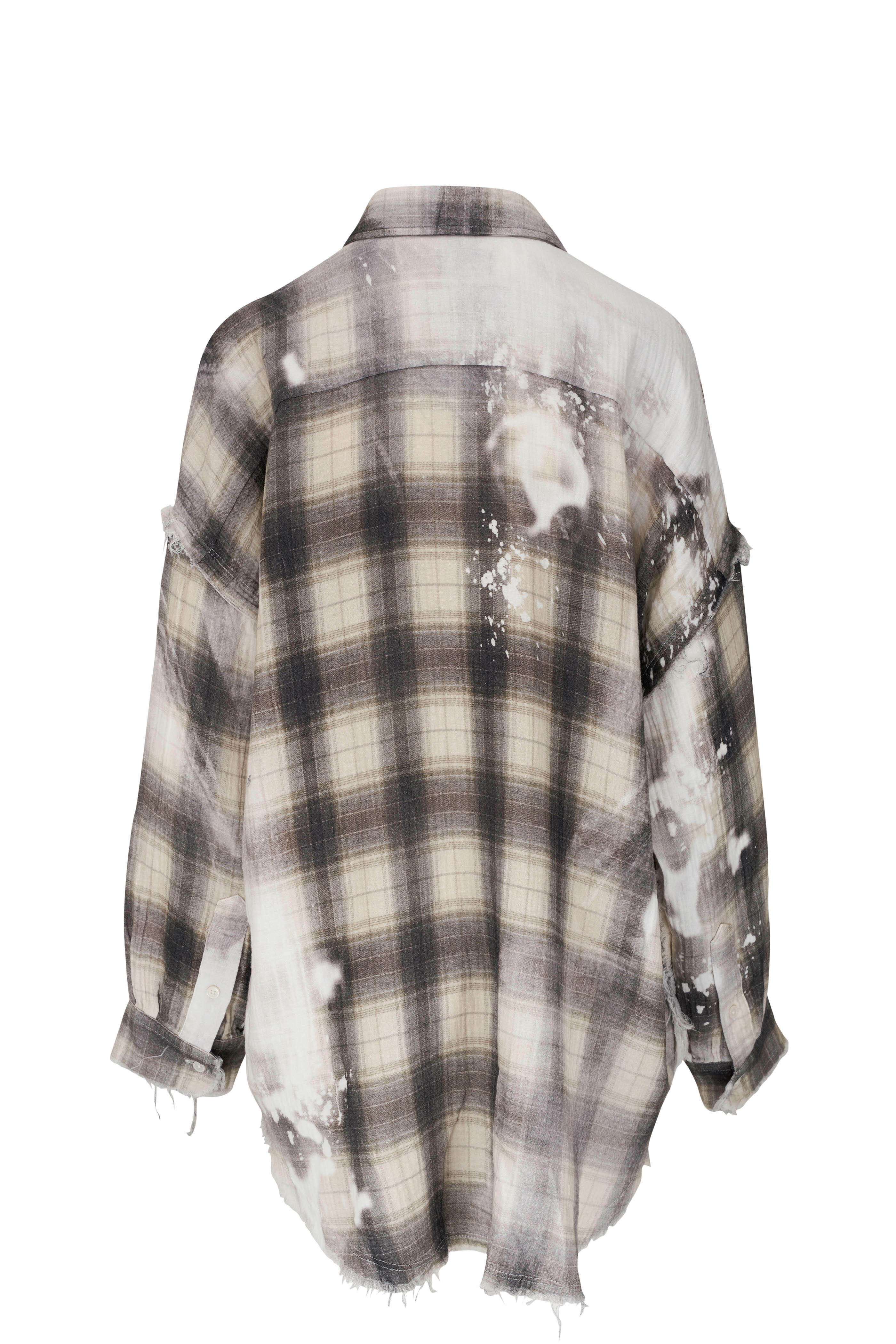 R13 Shredded Seam Drop Neck Bleached Gray Plaid Shirt