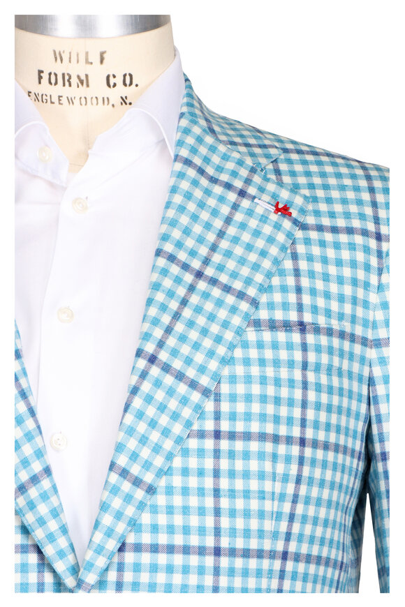 Isaia Teal & Navy Blue Check Sportcoat