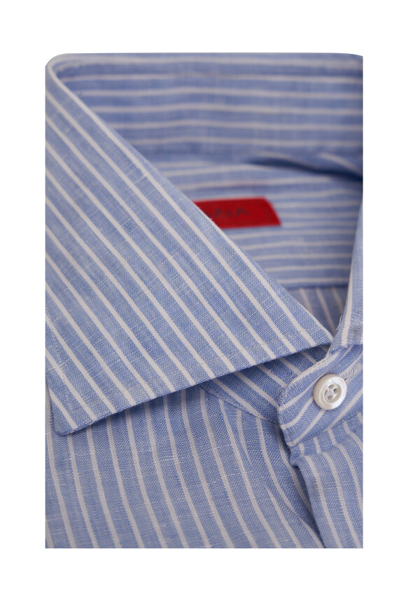 Isaia - Light Blue & White Striped Linen Dress Shirt