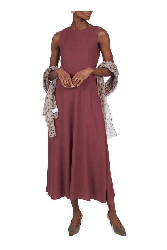 Brunello Cucinelli Burgundy Fluid Twill Midi Dress - view 4