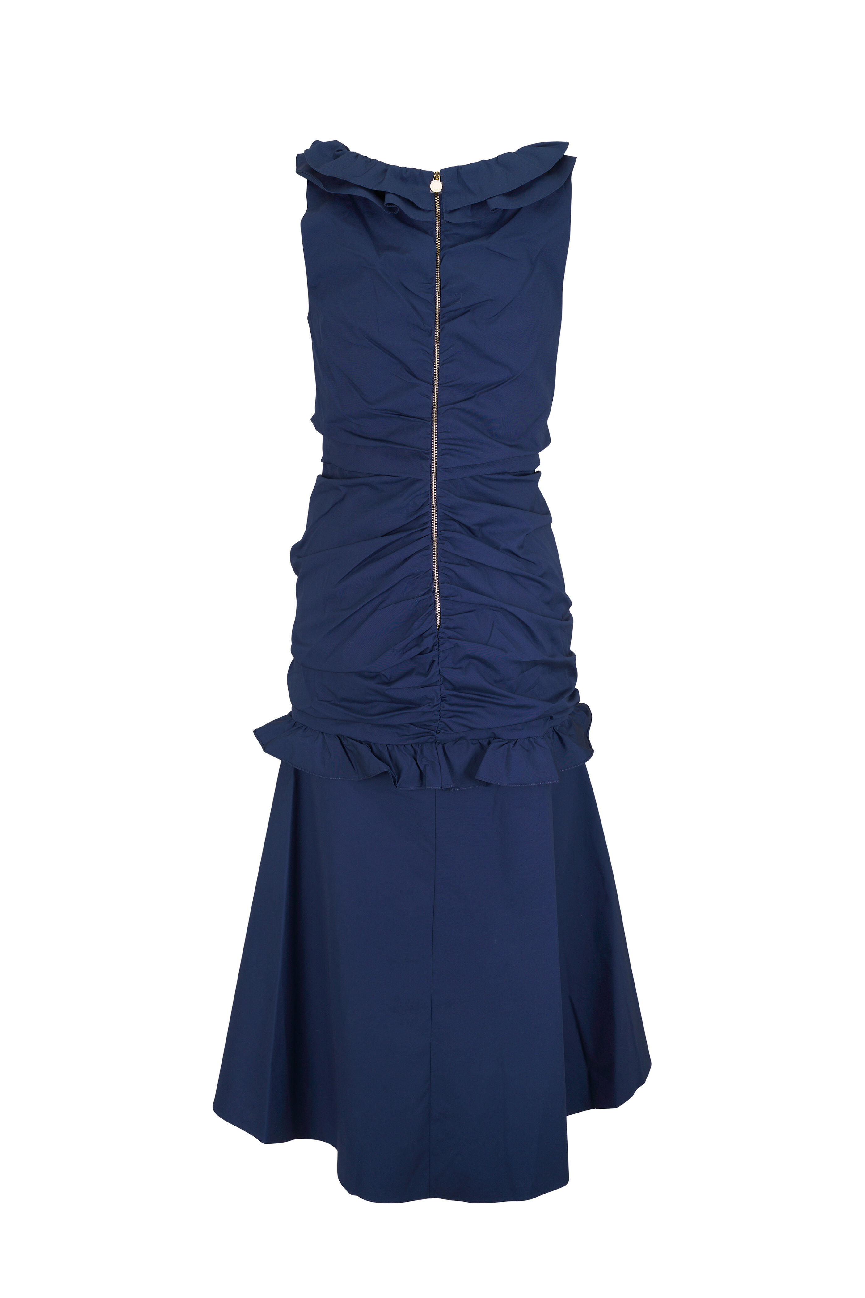 Carolina Herrera - Navy Ruched Ruffle Midi Dress