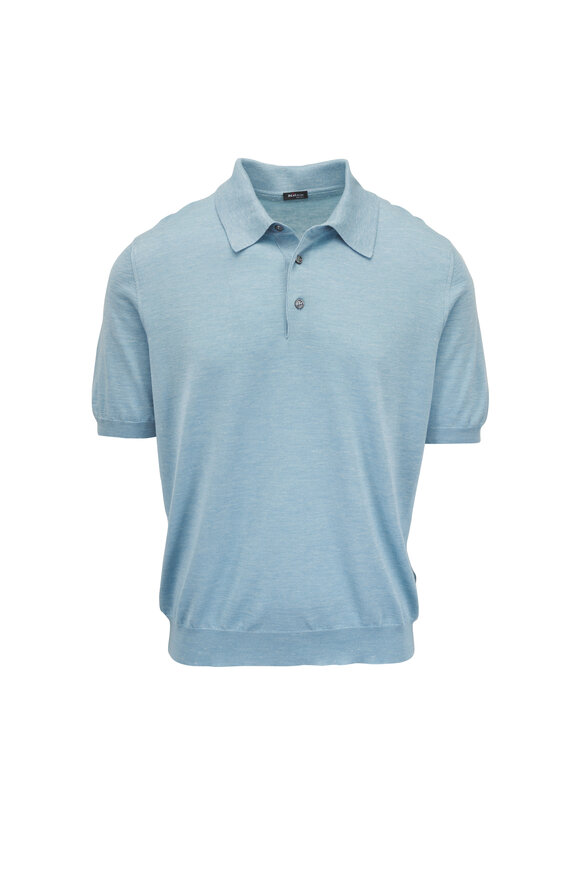 Kiton Light Blue Silk, Cashmere & Linen Knit Polo